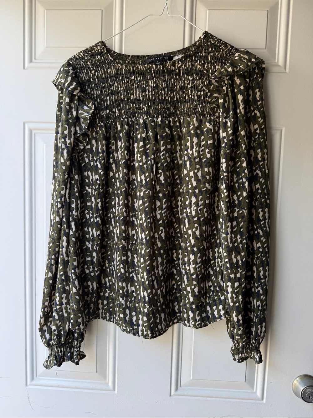 Olive Printed Smocked Yoke Blouse